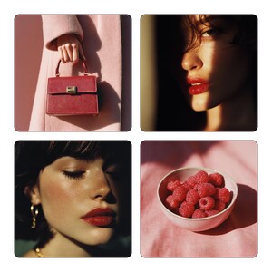 May include: A four-image collage. Top left: a red handbag with a gold clasp. Top right: a woman's face with red lipstick. Bottom left: a woman's face with closed eyes and red lipstick. Bottom right: a bowl of raspberries.