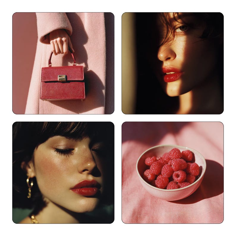 May include: A four-image collage. Top left: a red handbag with a gold clasp. Top right: a woman's face with red lipstick. Bottom left: a woman's face with closed eyes and red lipstick. Bottom right: a bowl of raspberries.