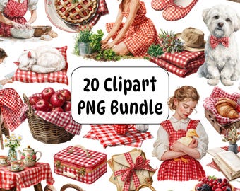 20 Watercolor Cottagecore Clipart PNG Bundle, Red Gingham Picnic (Digital Download)