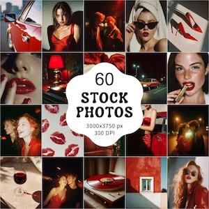 May include: A collage of 16 images with a red theme. The images include a red car, people in red dresses, red lipstick, red high heels, and a record player. The text "60 STOCK PHOTOS" is in the center.