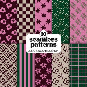 May include: A digital collection of 10 seamless patterns featuring diverse designs including pink flowers on dark maroon, checkered squares, black stars on pink, green dotted textures, leopard prints, stripes, hearts, and grids. Text reads 10 seamless patterns 3000 x 3000 px 300 DPI.