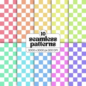 Op de afbeelding: Een collectie van tien naadloze dambordpatronen in diverse pastelkleuren, waaronder roze, oranje, geel, limoengroen, munt, cyaan, blauw, magenta en paars. Een centraal wit label toont de tekst 10 seamless patterns 3000 x 3000 px 300 DPI.