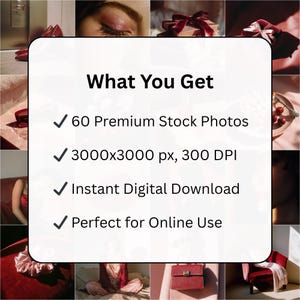 May include: A collage of images with a central white box displaying text. The text reads "What You Get" followed by details about 60 premium stock photos, 3000x3000 px resolution, 300 DPI, and instant digital download.