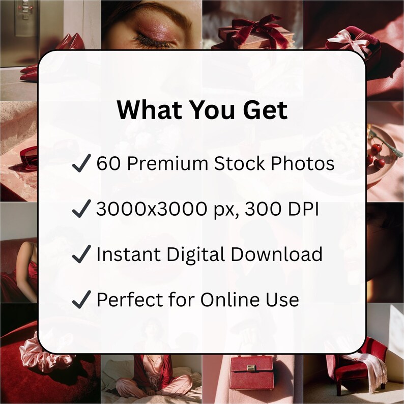 May include: A collage of images with a central white box displaying text. The text reads "What You Get" followed by details about 60 premium stock photos, 3000x3000 px resolution, 300 DPI, and instant digital download.