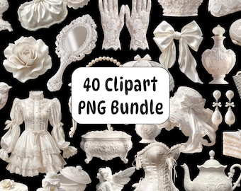 40 White Coquette Clipart PNG Bundle, Vintage Romantic Graphics (Digital Download)