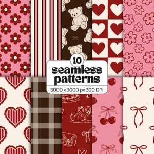 Puede incluir: Una colección digital de 10 patrones sin costuras con varios diseños que incluyen flores rojo oscuro sobre rosa, rayas verticales, ositos de peluche sobre marrón, corazones rojos y blancos, cerezas, cisnes y lazos con el texto 10 seamless patterns 3000 x 3000 px 300 DPI.