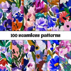 Puede incluir: Una colección de 100 patrones sin costuras con diseños florales pintados en colores vibrantes como azul, rosa, naranja, morado y verde. El texto 100 seamless patterns se muestra en el centro de la imagen.