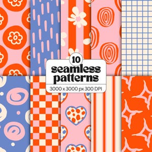 Op de afbeelding: Een digitale collectie van 10 naadloze patronen met levendige oranje, roze en blauwe kleurenpaletten. Ontwerpen bevatten bloemmotieven, verticale strepen, ruitjes, harten en abstracte vormen met de tekst 10 seamless patterns 3000 x 3000 px 300 DPI.