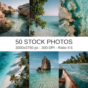 May include: A digital collection of 50 stock photos featuring tropical coastal landscapes, turquoise ocean waters, rocky shorelines, and palm trees. The text 50 STOCK PHOTOS 3000x3750 px - 300 DPI - Ratio 4:5 is displayed in black on a white background.