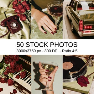 May include: A collage of images featuring a vintage aesthetic. Includes a rotary phone, red roses, a classic car, a piano, and hands holding cocktails. The text "50 STOCK PHOTOS" is displayed.