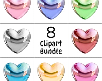 8 Chrome-Herz-Clipart-PNG-Bundle, metallisch-bunte Herzen, Y2K-Sticker, digitaler Download
