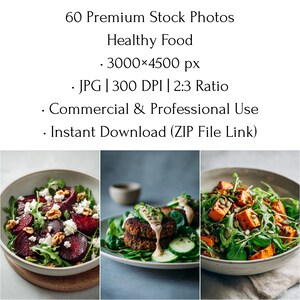 May include: Image of three bowls of healthy food. The text at the top says "60 Premium Stock Photos Healthy Food". The bowls contain salads with beets, nuts, and greens. The image is a JPG file with a 2:3 ratio and is for commercial use.