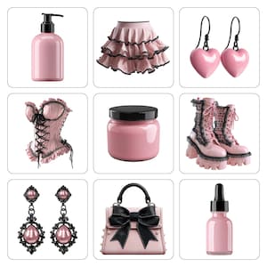 May include: A collection of pink items, including a pump bottle, a ruffled skirt, heart-shaped earrings, a corset, a jar, platform boots, drop earrings, a handbag with a bow, and a dropper bottle. All items have black accents.