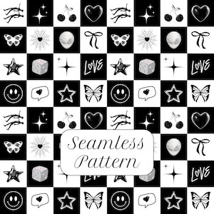 以下が含まれることがあります： 白と黒のシームレスパターン。ハート、蝶、星、サイコロ、宇宙人の頭など、さまざまなアイコンが特徴です。「LOVE」の文字は筆記体で書かれています。パターンは市松模様の背景に設定されています。
