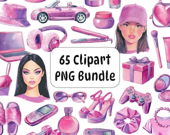 Bundel met 65 roze aquarel lifestyle clipart PNG-stickers, girly Y2K mode & zelfzorg clipart stickers