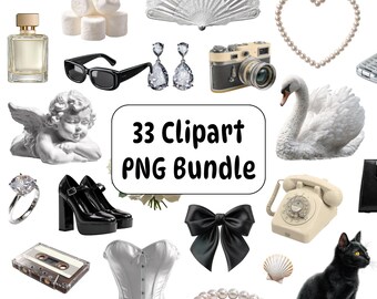 33 Coquette Clipart PNG Bundle, Old Money Vintage Stickers, Elegant Feminine Graphics