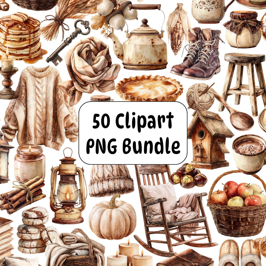Watercolor Autumn Clipart PNG Bundle: Cozy Cottagecore Fall (digital ...