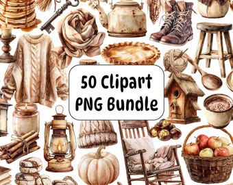 May include: A digital collection of 50 watercolor clipart illustrations featuring autumn-themed items including a sweater, pumpkin, rocking chair, lantern, boots, basket of apples, tea kettle, pie, candles, and various rustic household objects.