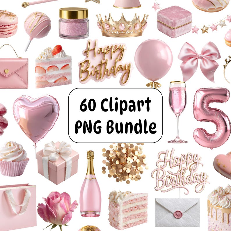 60 Pink Birthday Clipart PNG Bundle, Luxury Party Decorations, Balloons ...