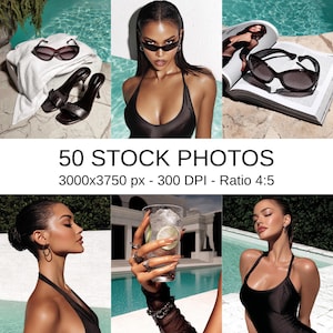 Könnte beinhalten: Eine Collage von Stockfotos mit einer Frau in einem schwarzen Badeanzug, Sonnenbrille und High-Heel-Sandalen. Die Bilder zeigen einen Pool, ein Magazin und ein Getränk mit Eis und Limette. Der Text lautet "50 STOCK PHOTOS".