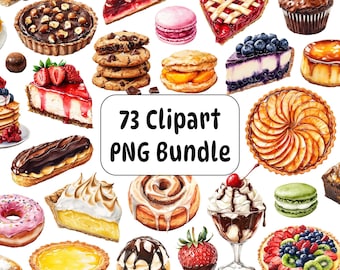 Watercolor Dessert Clipart PNG Bundle, Bakery Sweets (Digital Download)