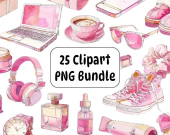 25 Pink Watercolor Clipart PNG Bundle, Girly Lifestyle, Fashion & Self Care Elements, Feminine Graphics