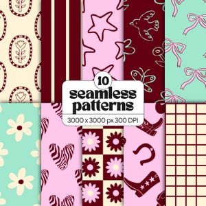May include: A collection of 10 seamless patterns featuring various designs including flowers in ovals, vertical stripes, stars, birds, butterflies, bows, daisies, zebra-print hearts, checkered squares, and cowboy boots with the text 10 seamless patterns.