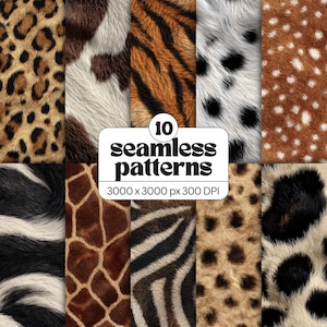Puede incluir: Una colección digital de 10 patrones sin costuras con varias texturas de piel animal, incluyendo estampados de leopardo, vaca, tigre, dálmata, ciervo, cebra, jirafa y guepardo. El texto central dice 10 seamless patterns 3000 x 3000 px 300 DPI.