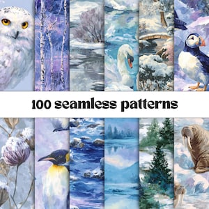 Könnte beinhalten: Eine Sammlung von 100 nahtlosen Mustern mit winterlichen digitalen Illustrationen, darunter eine Schnee-Eule, ein Schwan, ein Papageientaucher, ein Pinguin und ein Walross, sowie verschneite Landschaften, zugefrorene Flüsse und immergrüne Bäume.