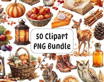 Autumn Watercolor Clipart Bundle, Cottagecore PNGs (3000x3000 px)