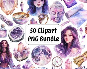 Watercolor Spiritual Clipart PNG Bundle, Goddess, Moon, Yoga