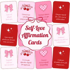 44 Printable Self-Love Affirmation Cards, Cute Pastel Cards for Mental Health, Daily Empowerment, Self-Care Routine, Vision Board, Pink Red