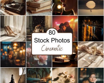 May include: A collage of 16 images with a cinematic theme. The images include a record player, books with a rose, a person drinking wine, a couple, high heels, a car, and flowers. The text "80 Stock Photos Cinematic" is in the center.