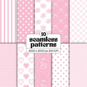 May include: A collection of 10 seamless patterns in shades of pink and white, featuring designs such as vertical stripes, polka dots, flowers, bows, plaid, grid lines, hearts, and swans. The text 10 seamless patterns 3000 x 3000 px 300 DPI is visible.