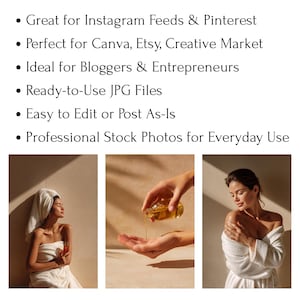 May include: Professional stock photos for everyday use. The image includes three photos: a person wrapped in a towel, a hand pouring oil, and a person in a robe. Text includes "Great for Instagram Feeds & Pinterest" and "Ready-to-Use JPG Files."