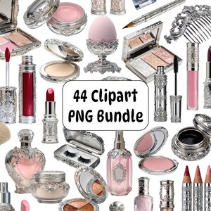 Op de afbeelding: Een verzameling sierlijke, zilverkleurige cosmetica-artikelen, waaronder lippenstiften, compactpoeders en parfumflesjes. De afbeelding toont een verscheidenheid aan make-upproducten met ingewikkelde details en de tekst "44 Clipart PNG Bundle".
