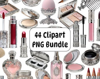 May include: A collection of ornate silver-toned cosmetic products including lipstick, perfume bottles, compact mirrors, and makeup brushes. The center features a white rectangular label with the black text 44 Clipart PNG Bundle.