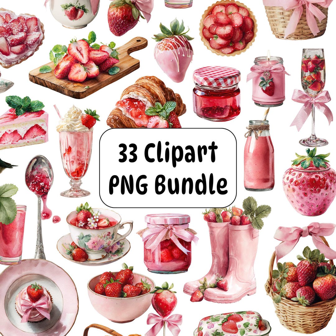 Watercolor Strawberry Clipart PNG Bundle, Dessert Graphics (digital ...