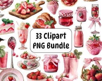 Paquete de imágenes prediseñadas PNG de fresas en acuarela, gráficos de postres (descarga digital)
