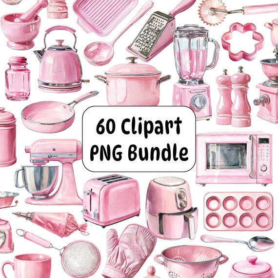 Pinkfarbenes Küchen-Clipart-Paket: Aquarell-Kochutensilien (Digitaler Download)