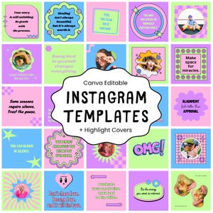 May include: A collection of square digital social media templates featuring pastel pink, blue, green, and purple backgrounds. The designs include various motivational quotes, floral borders, geometric patterns, and circular photo frames.