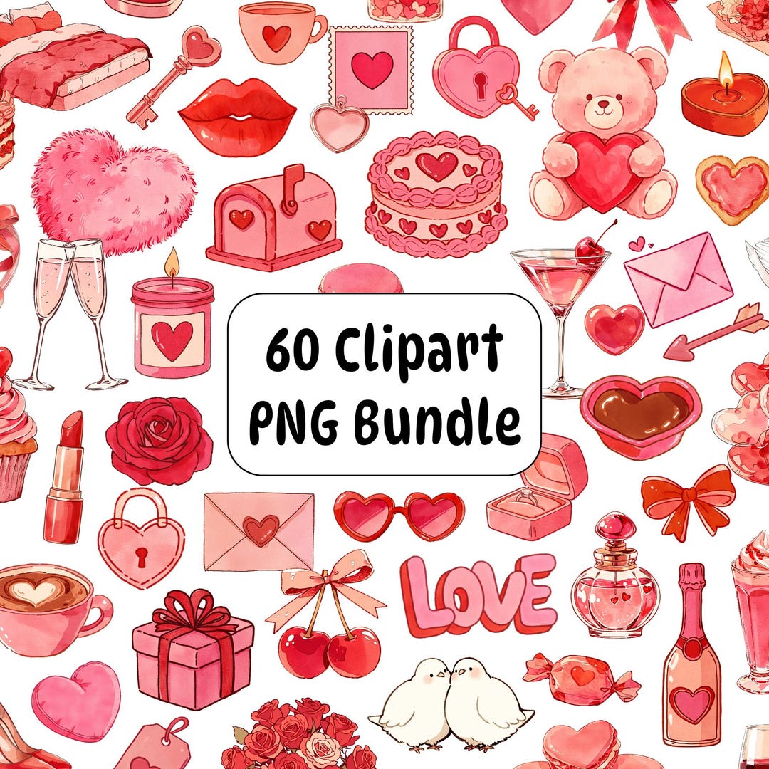 60 Valentine’s Day Clipart PNG Bundle, Hand Drawn Watercolor Love ...
