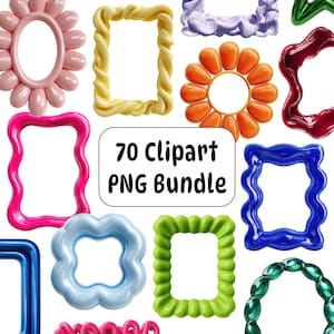 May include: A collection of colorful, decorative frames in various shapes and styles. The frames are in shades of pink, yellow, orange, red, blue, green, and purple. The image includes the text "70 Clipart PNG Bundle."