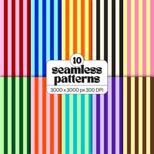 May include: A collection of ten vertical striped seamless patterns in various color combinations including red, blue, orange, black, pink, green, and purple. A central white label displays the text 10 seamless patterns 3000 x 3000 px 300 DPI.