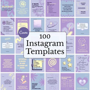 May include: A collage of 16 Instagram post templates with a purple and yellow color scheme. The templates feature text and illustrations related to self-care, mental health, and personal growth. The text includes phrases like "Shadow Work", "Self Compassion Mantra", "Healing is Messy", and "Your Nervous System is Not Broken".