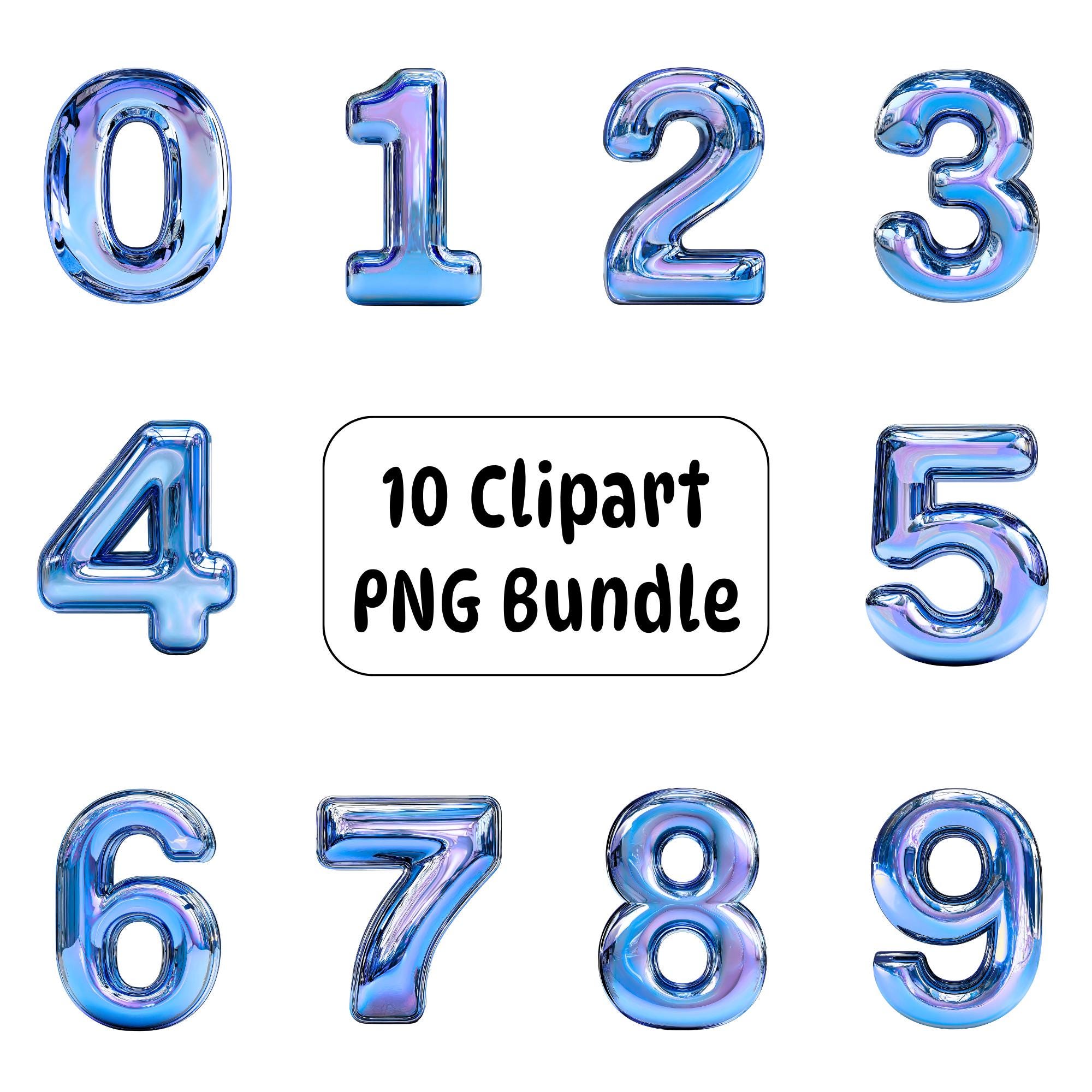 10 Blue Numbers Clipart PNG Bundle, Metallic 3D Numbers, Digital ...