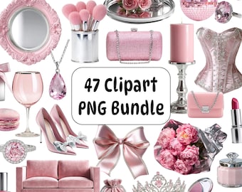 Pink Coquette Clipart PNG Bundle, Luxury Glam (47 PNGs) (Digital Download