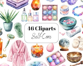 46 Self-Care Clipart PNG Bundle, Spa, Wellness, Yoga, Pastel Watercolor (Digital Download)