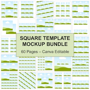 May include: A set of 60 square Canva editable templates for social media. The templates feature a variety of designs with green hills, blue skies, and white clouds.