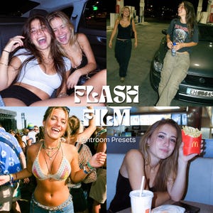 Puede incluir: Una colección digital de ajustes preestablecidos de edición fotográfica titulada FLASH FILM Lightroom Presets, que presenta un collage de cuatro fotografías espontáneas que muestran diversos entornos sociales, eventos al aire libre y momentos cotidianos.